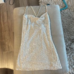 Famous Behavior Silver Sequin Cowl Neck Mini Dress